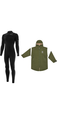2026 Nyord Mens Solu Yulex 5/4mm Chest Zip Wetsuit & Change Robe Bundle SOLM540001NCR - Black / Green
